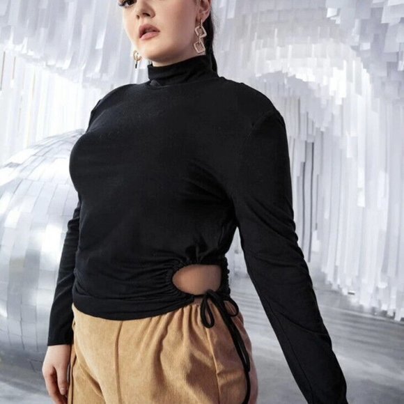 Plus Size 1X Black Mock Neck‎ Cut Out Side Drawstring Long Sleeve Top Blouse - Picture 3 of 8